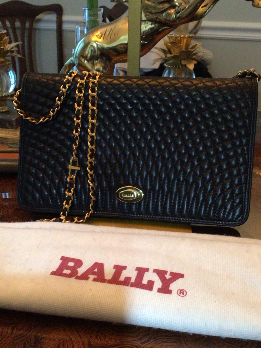 Bally Black Quilted Leather Shoulder Bag and/or Clutch w/ Gold Chain & Dustbag